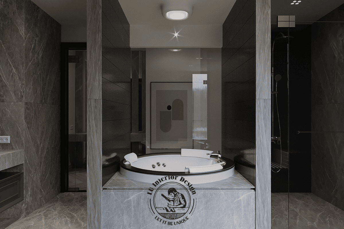 Bồn tắm nằm thiết kế bo tròn đặt trung tâm ngăn cách tinh tế giữa khu vực khô và ướt
