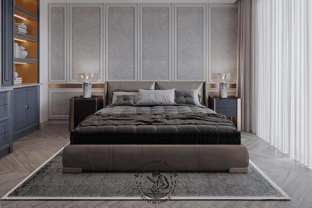 Bố cục đối xứng hoàn hảo từ tab đầu giường đến chi tiết trang trí tạo cảm giác bình yên
