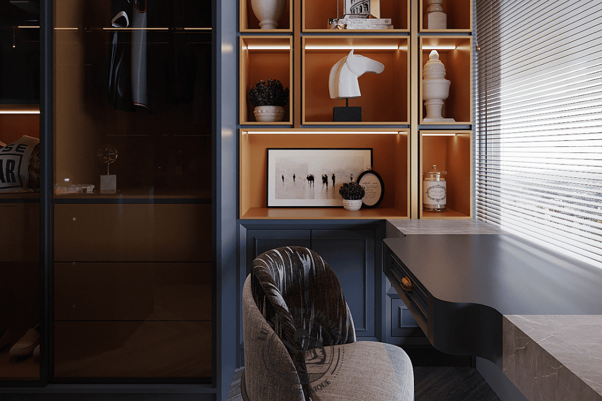 Góc làm việc kết hợp hệ kệ trang trí âm đèn LED tinh tế ngay cạnh cửa sổ