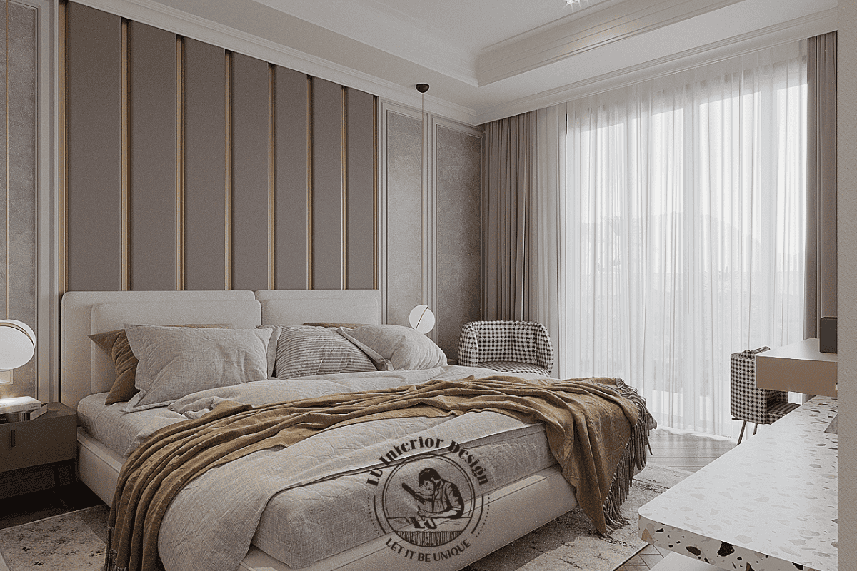 Không gian phòng ngủ phụ mang tone màu hồng beige và xám ấm áp tràn ngập ánh sáng