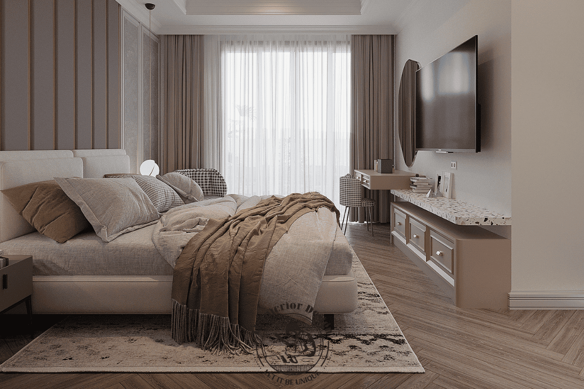 Kệ tivi kết hợp bàn trang điểm treo tường giúp tối ưu diện tích và tạo độ thông thoáng cho căn phòng