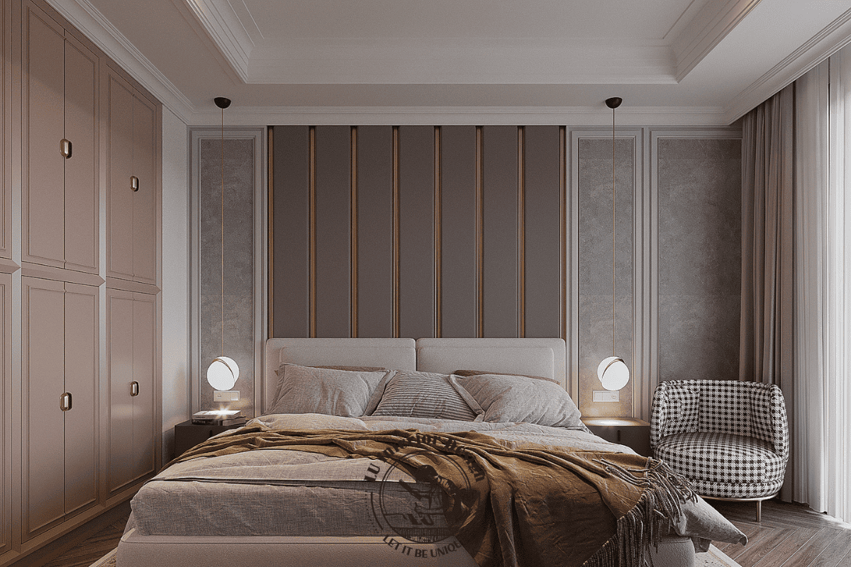 Góc nhìn chính diện chiếc giường lớn êm ái nổi bật trên nền vách đầu giường ốp nan dọc tinh tế