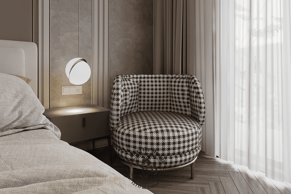 Góc thư giãn nhỏ xinh bên cửa sổ với chiếc ghế đơn bọc vải họa tiết houndstooth cổ điển
