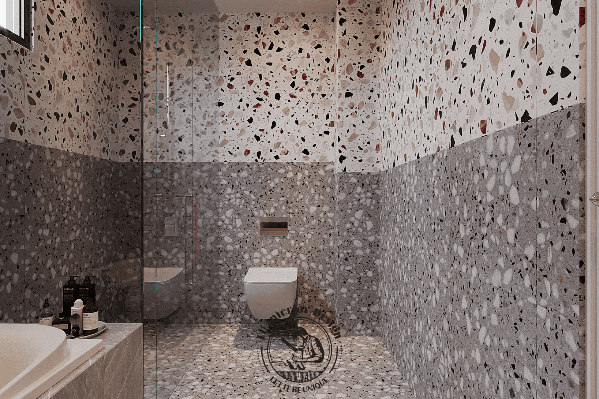 Phòng tắm độc đáo với mảng tường và sàn ốp đá terrazzo phối hai tone màu đối lập sống động