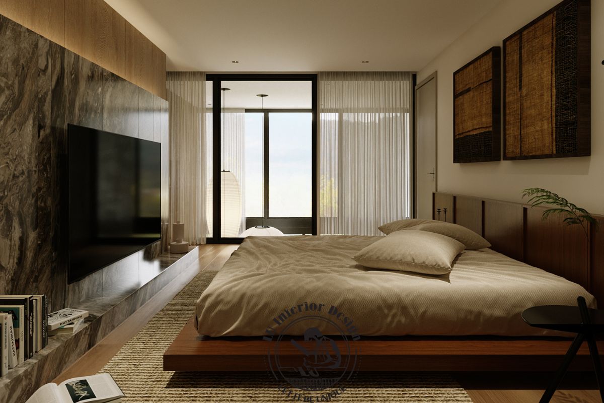 Góc nhìn từ phía cuối giường hướng về phía tủ quần áo