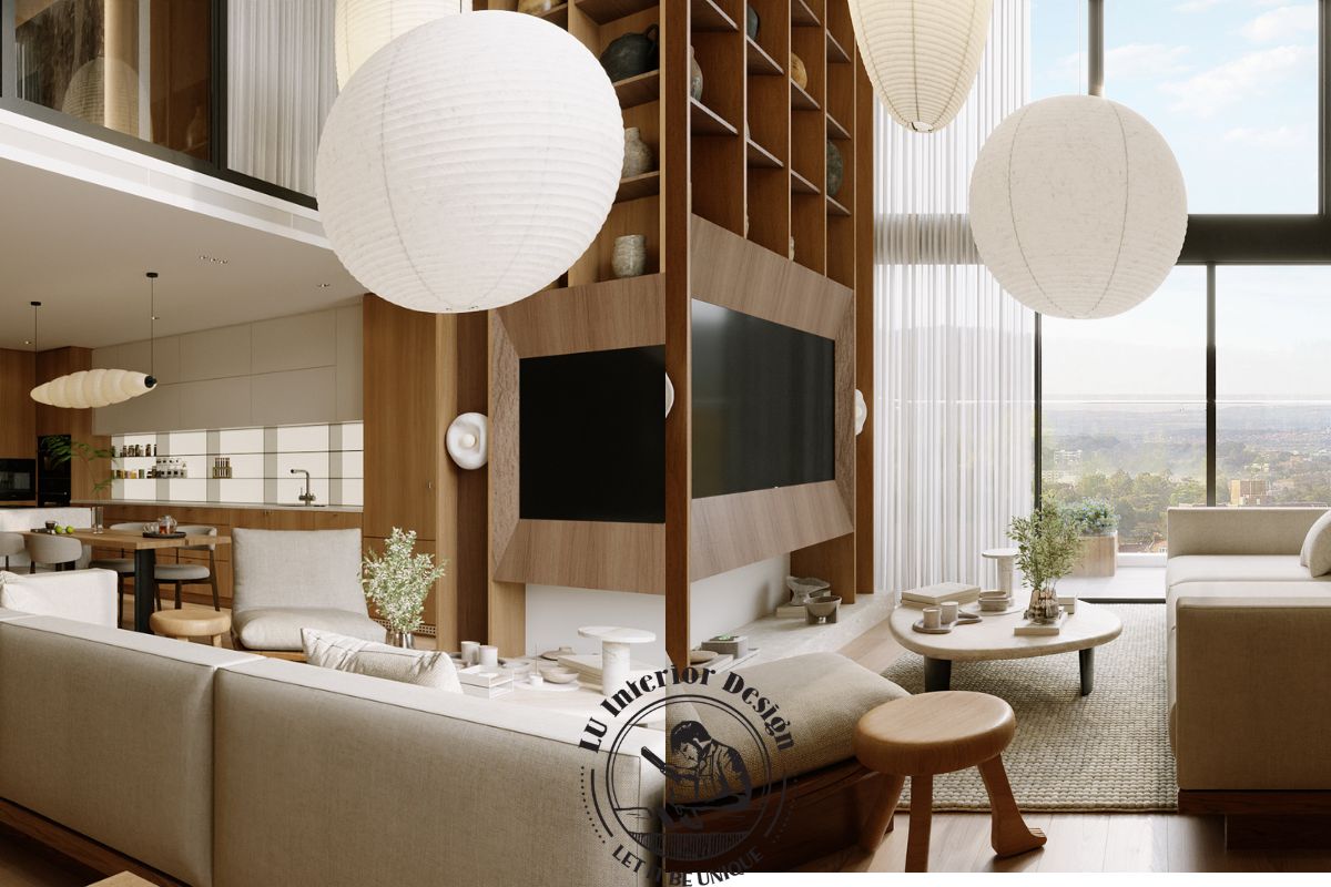 Đèn chùm nghệ thuật Akari phòng khách Duplex The Infiniti - LU Design