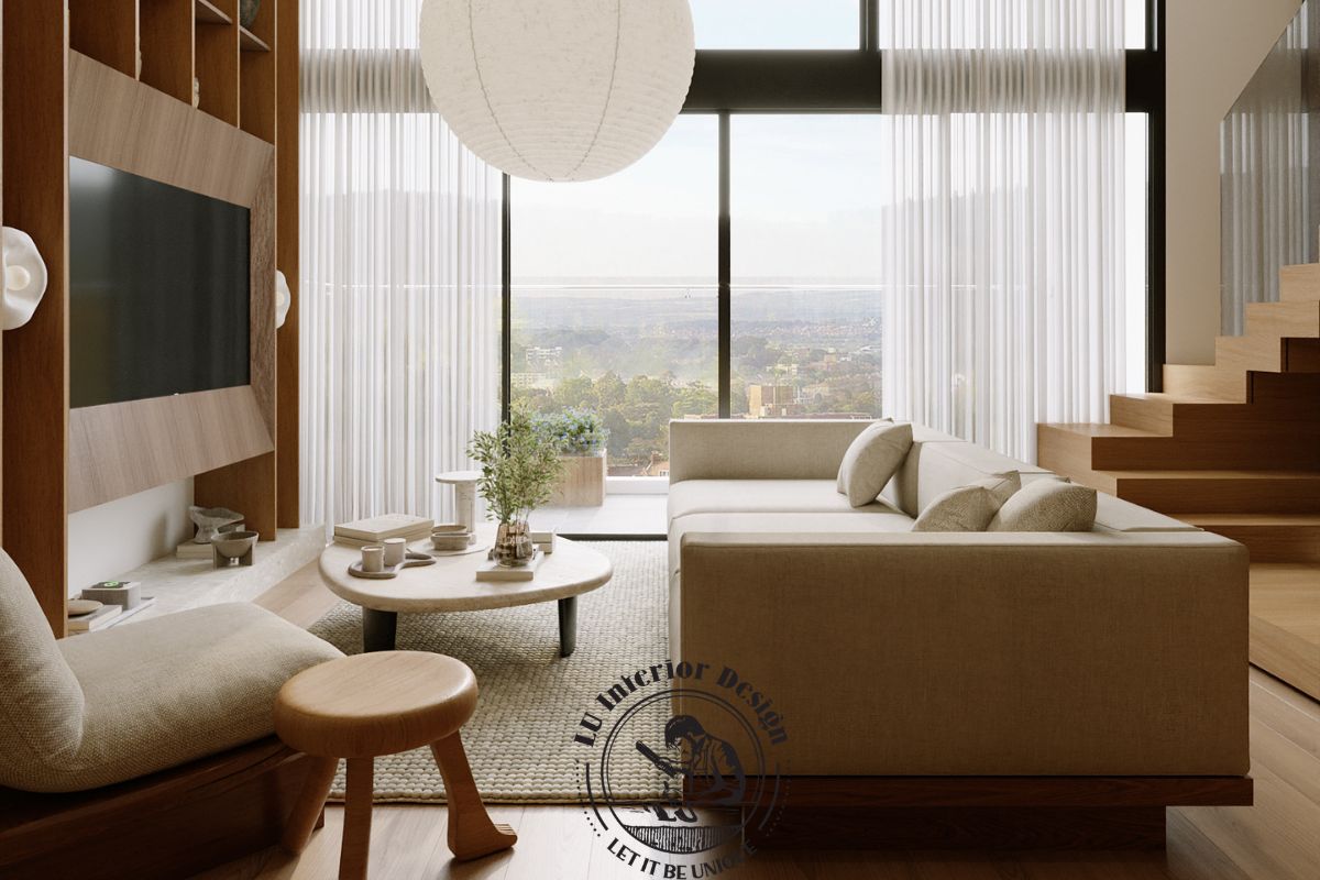 Phòng khách thông tầng Duplex The Infiniti phong cách Japandi - LU Design