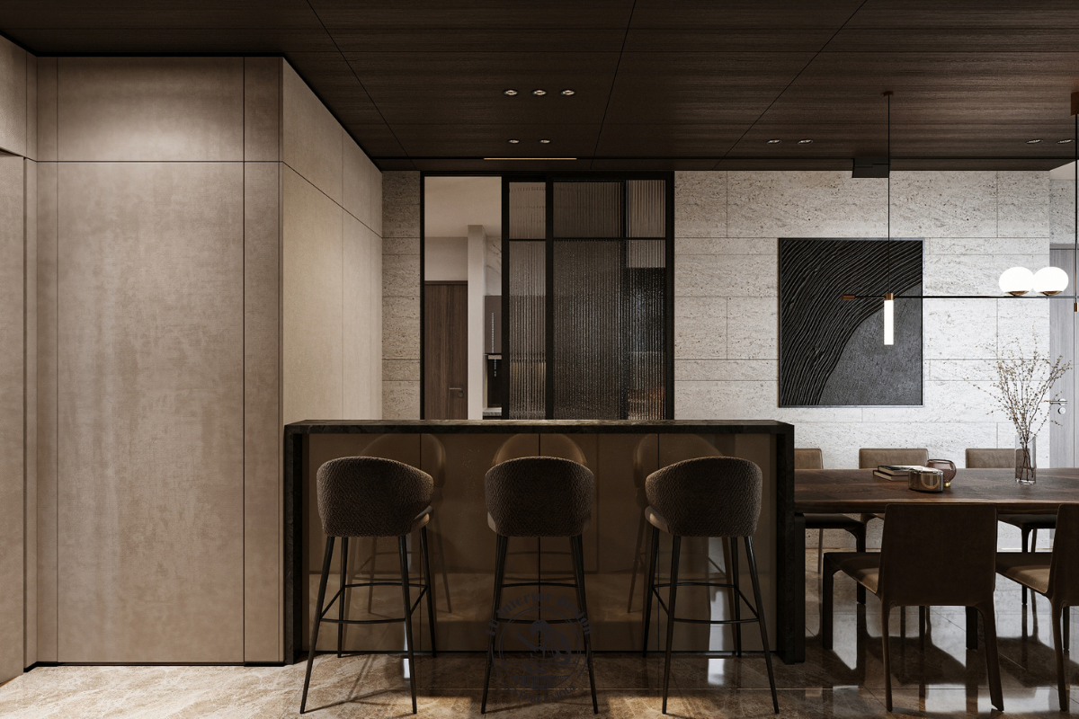 Khu vực quầy bar mini kết hợp ghế cao sang trọng cho trải nghiệm sống Modern tại căn hộ 146m²