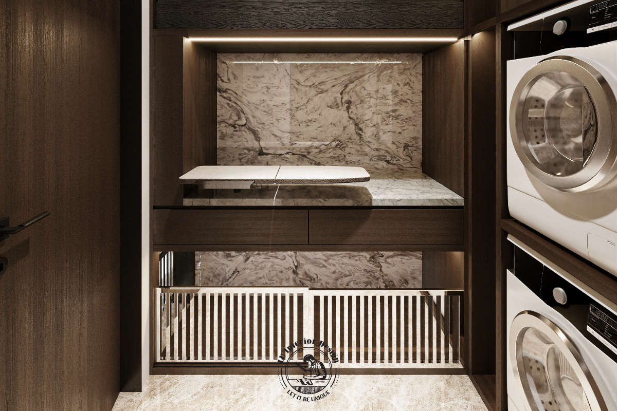 Hệ nan chớp kim loại phía dưới giúp đối lưu không khí, giữ cho phòng giặt phơi Modern 146m² luôn khô thoáng