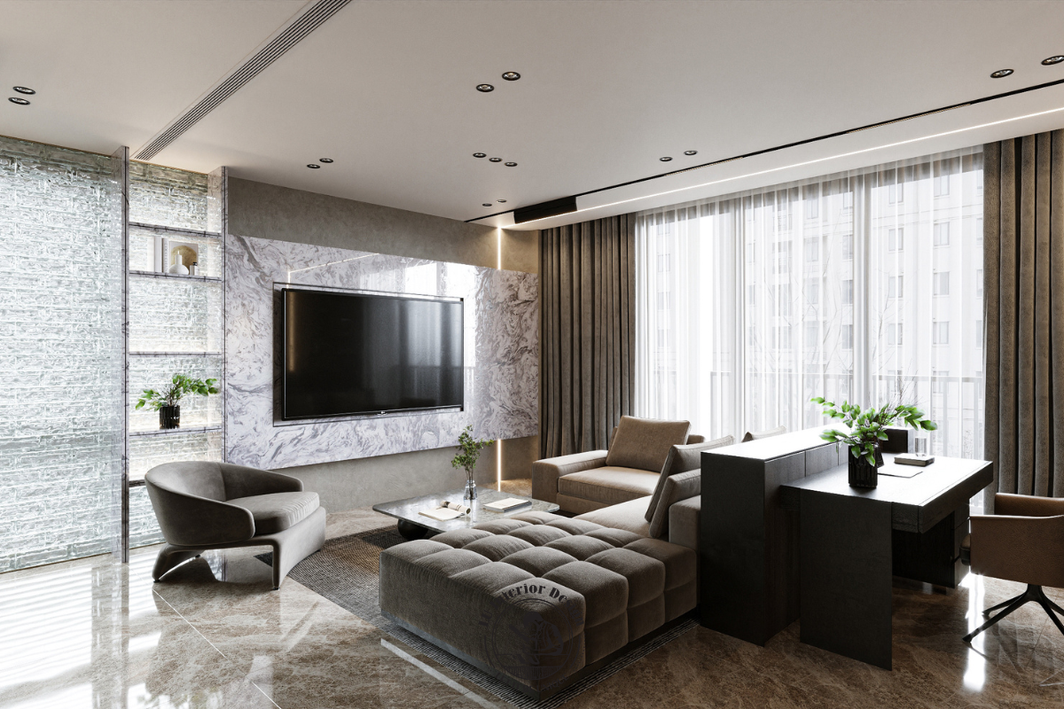 Sự kết nối mạch lạc giữa sofa và bàn làm việc tại căn hộ The MarQ 3PN 146m² phong cách Modern