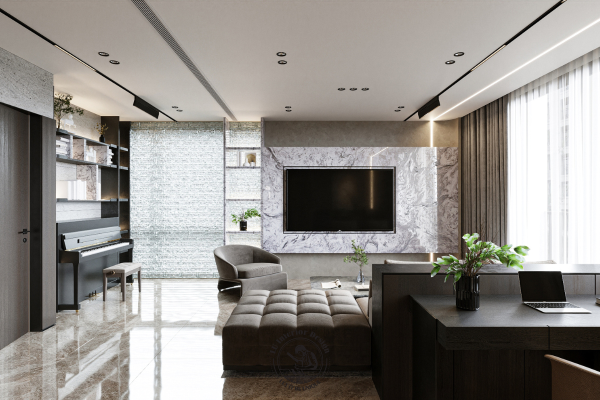 Khu vực bố trí đàn piano được sắp xếp gọn gàng tại căn hộ 3 phòng ngủ The MarQ