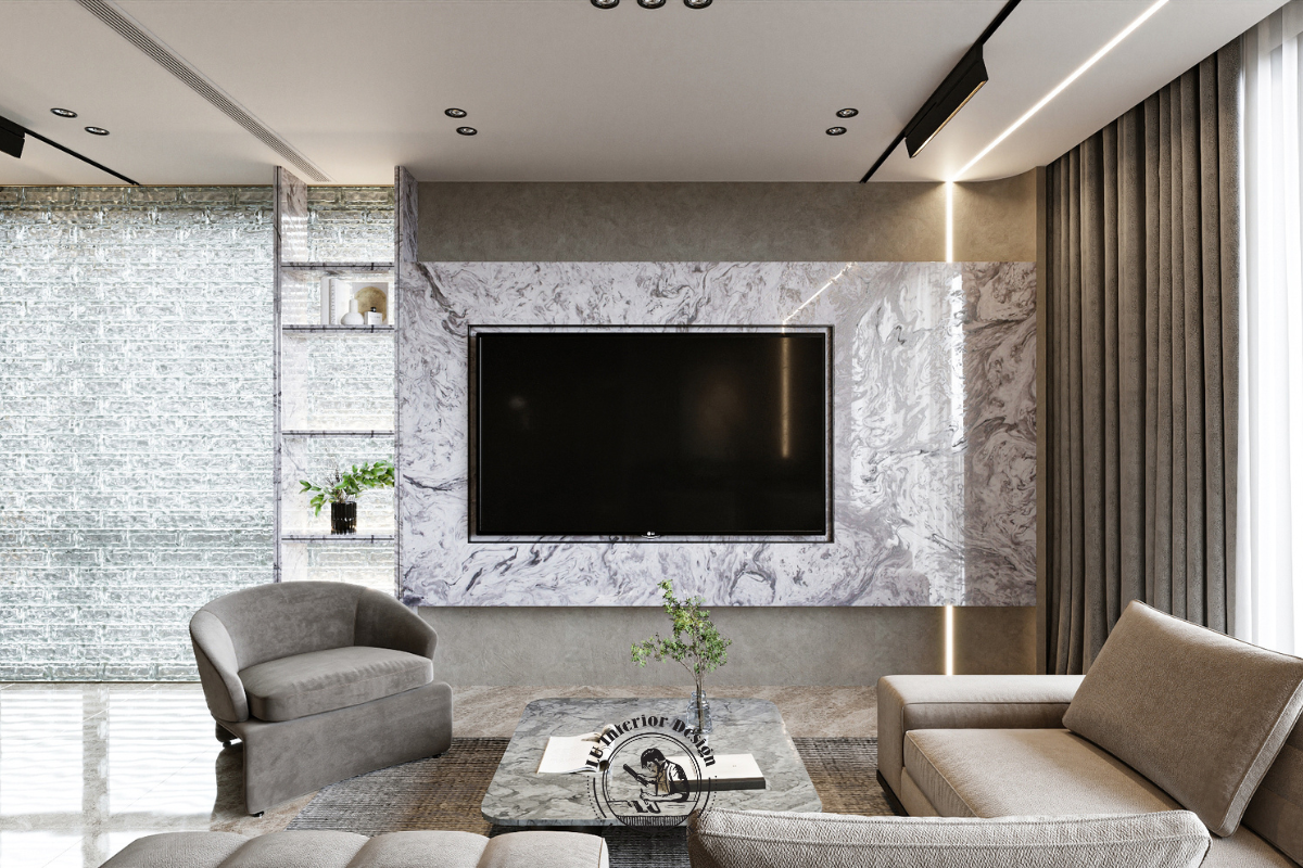 Hệ vách tivi bằng đá marble mảng khối lớn tạo điểm nhấn sang trọng cho căn hộ Modern 146m²