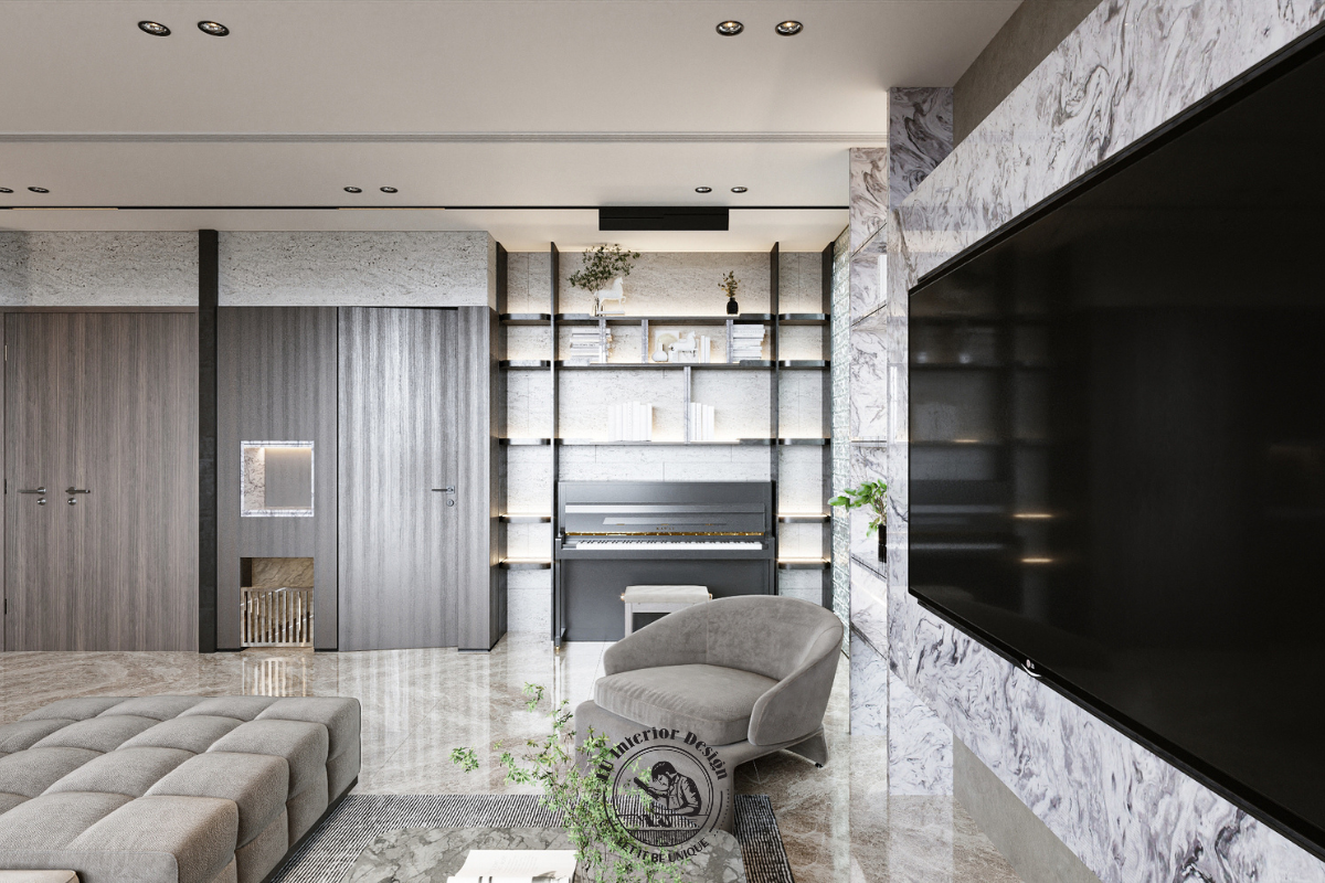 Góc thư giãn cạnh cửa sổ với hệ kệ sách kịch trần tinh tế của căn hộ 146m² Modern