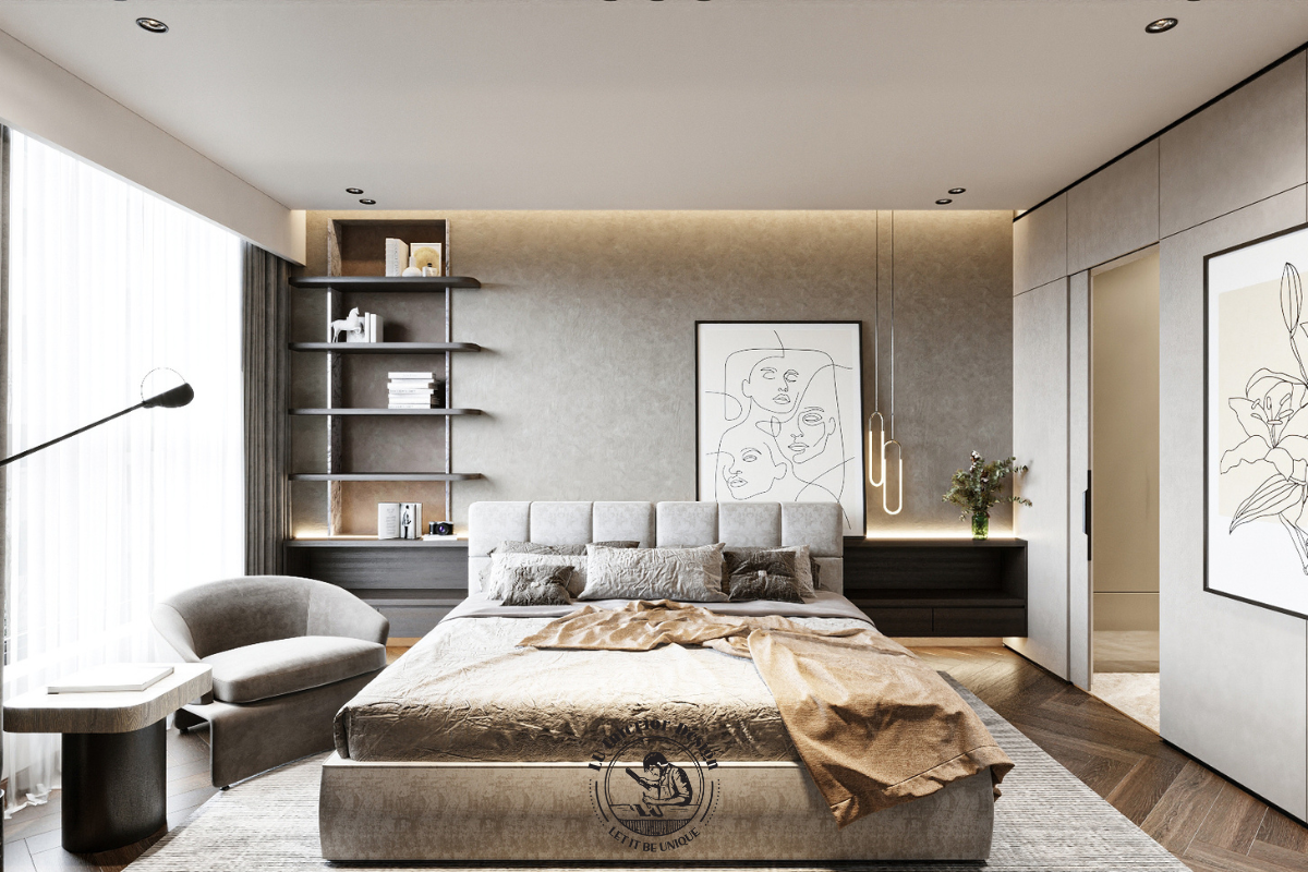 Tối ưu diện tích với giường bọc nệm lớn đặt cạnh vách đầu giường sơn hiệu ứng mộc mạc tại căn hộ The MarQ 3PN 146m²