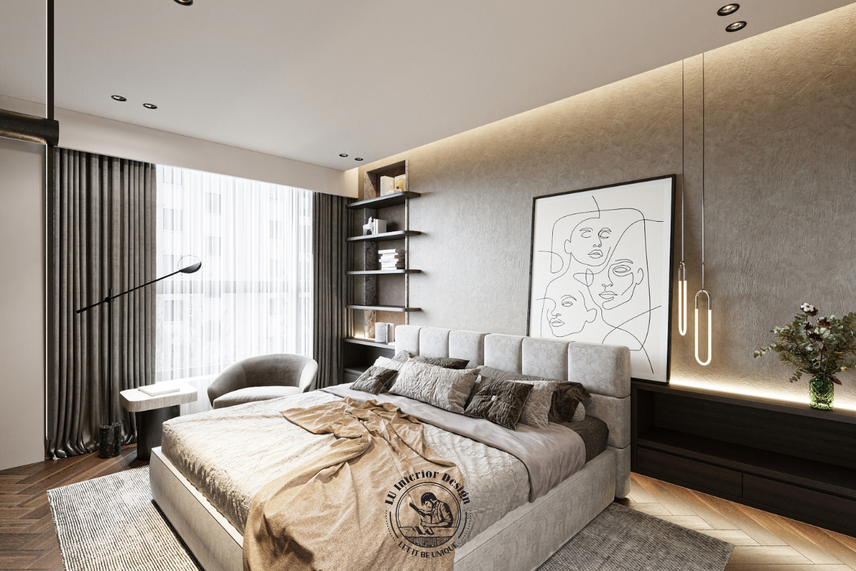 Tận dụng tối đa ánh sáng tự nhiên từ hệ cửa kính lớn kết hợp đèn thả trần tạo chiều sâu cho phòng ngủ Master