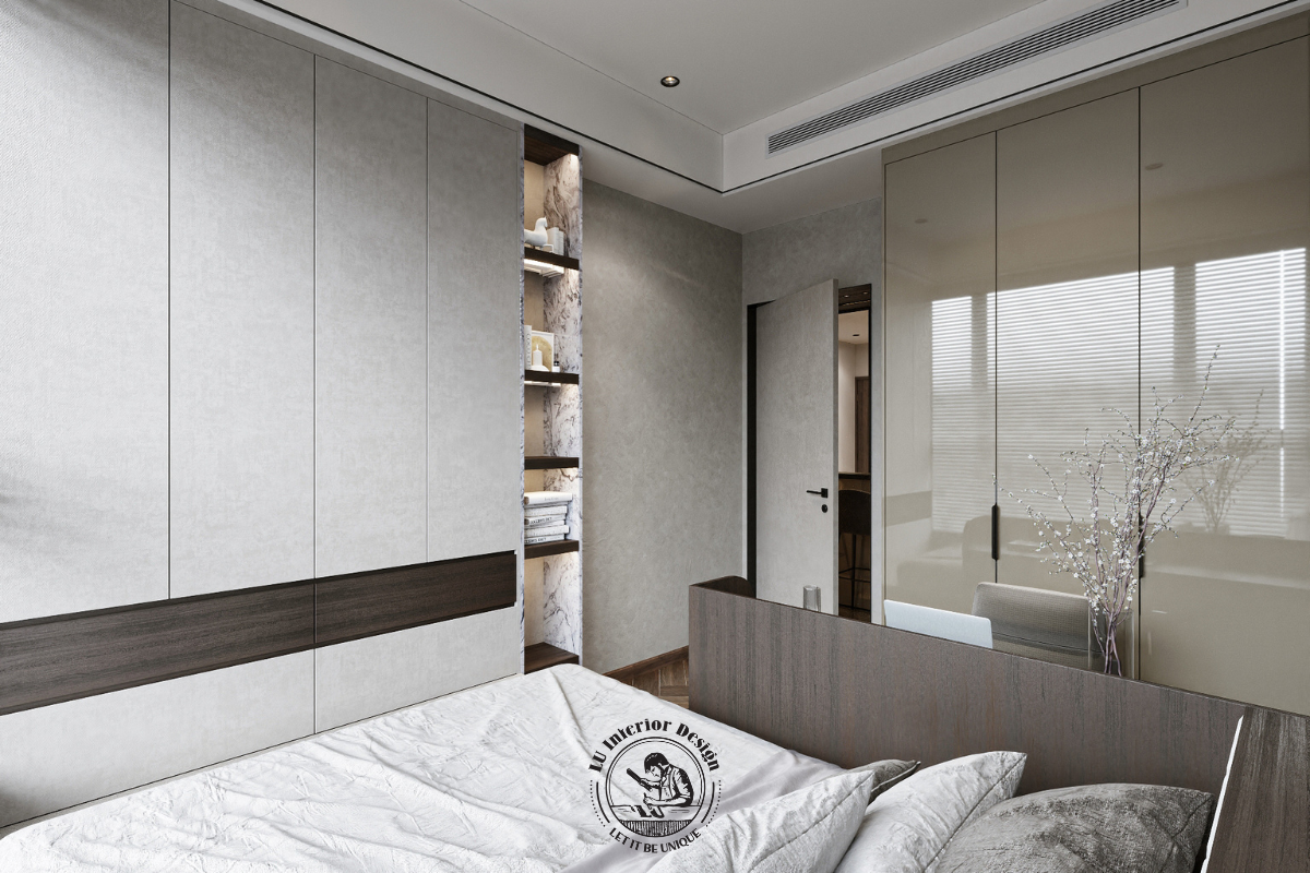 Tối ưu hóa sức chứa với hệ tủ quần áo kịch trần kết hợp hộc kệ trang trí âm đèn LED tinh tế của phòng ngủ phụ