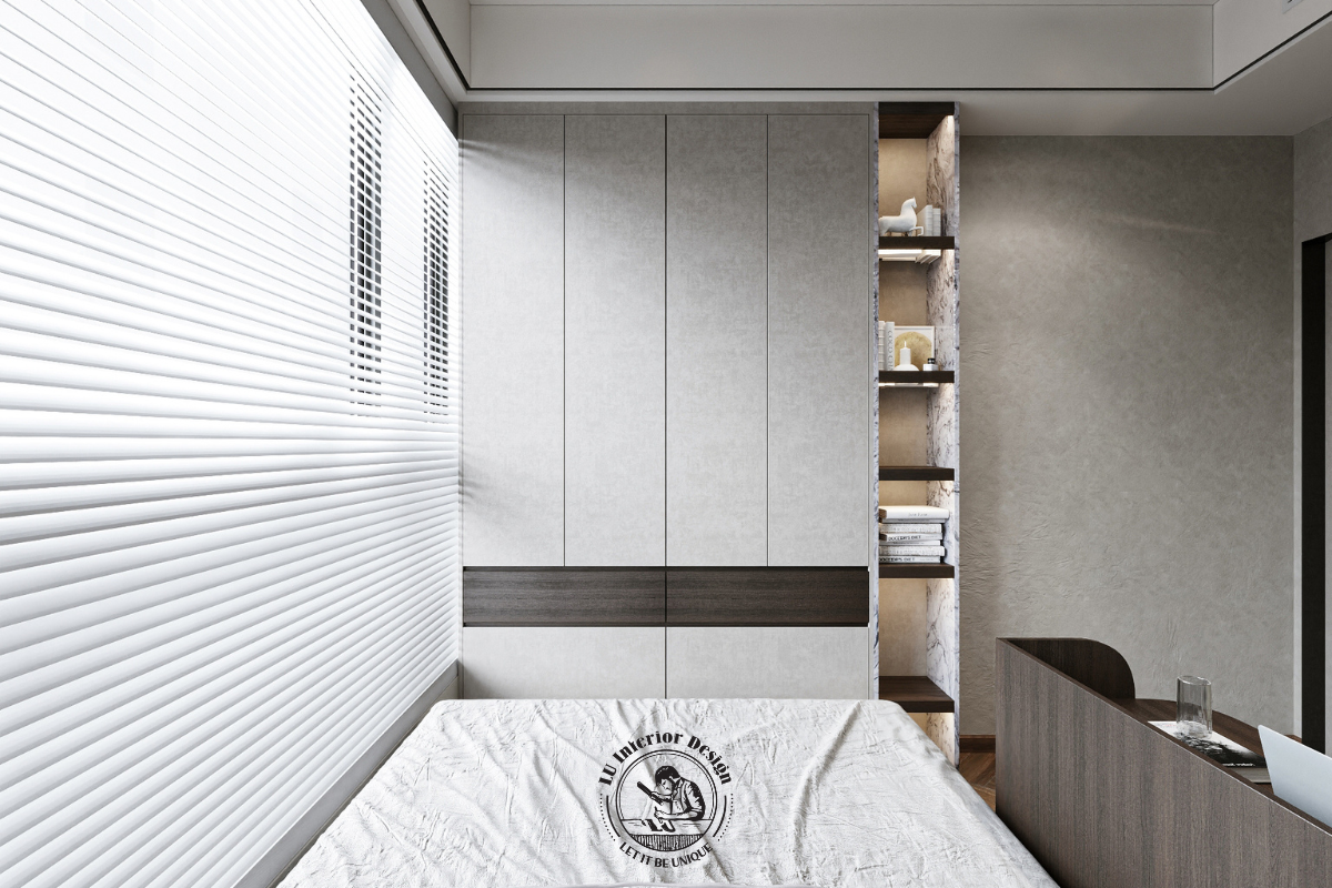 Điều phối ánh sáng linh hoạt thông qua hệ rèm sáo hiện đại bên trong không gian phòng ngủ phụ 146m² Moder