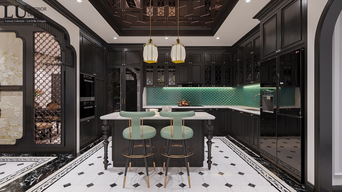 Thiết kế 3D không gian phòng bếp phong cách Indochine với đảo bếp