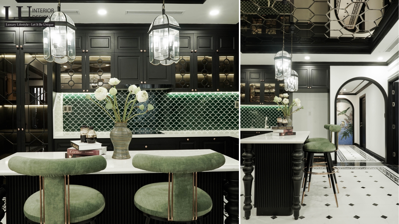 Không gian phòng bếp trong căn hộ RiverPark Premier mang đậm phong cách Indochine với sự kết hợp hoàn hảo giữa yếu tố cổ điển và hiện đạ