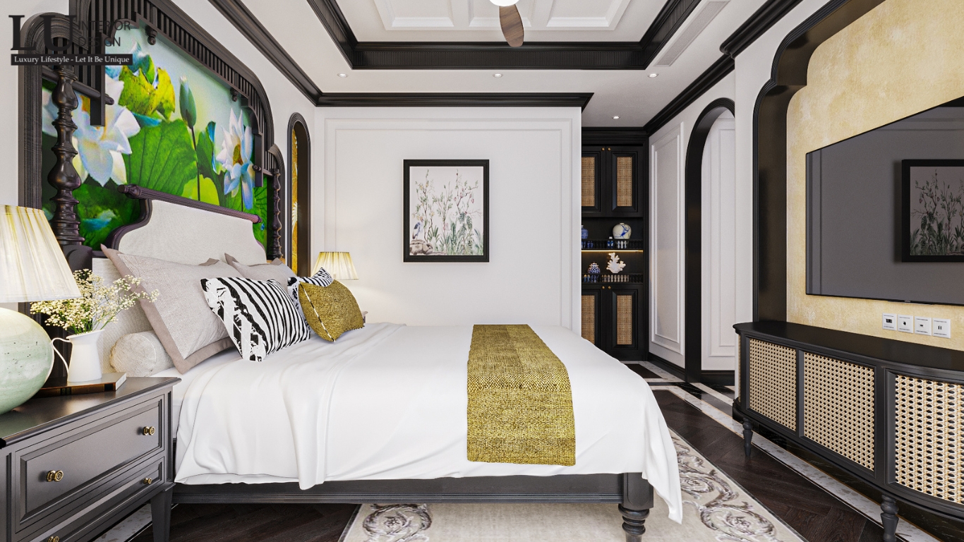 Phòng ngủ master căn hộ RiverPark Premier với không gian hiện đại, giường ngủ với chăn ga gối đệm màu sắc nhẹ nhàng và tranh nghệ thuật trang trí