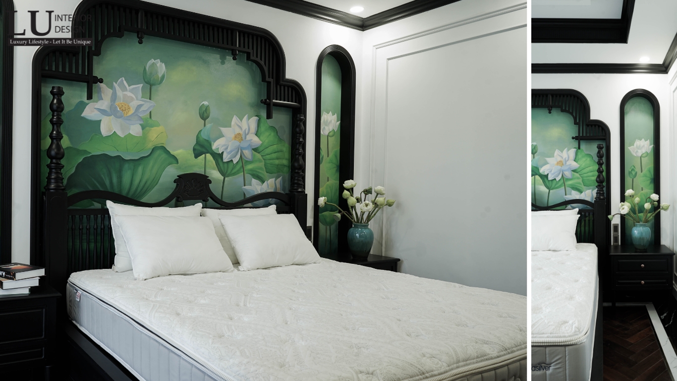 Giường và đầu giường phong cách Indochine với hoa sen thủ công