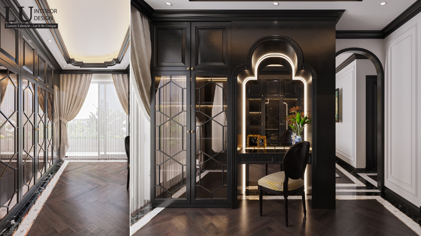 Thiết kế phòng thay đồ và bàn trang điểm trong phòng ngủ master căn hộ RiverPark Premier với nội thất sang trọng và hệ thống chiếu sáng tinh tế