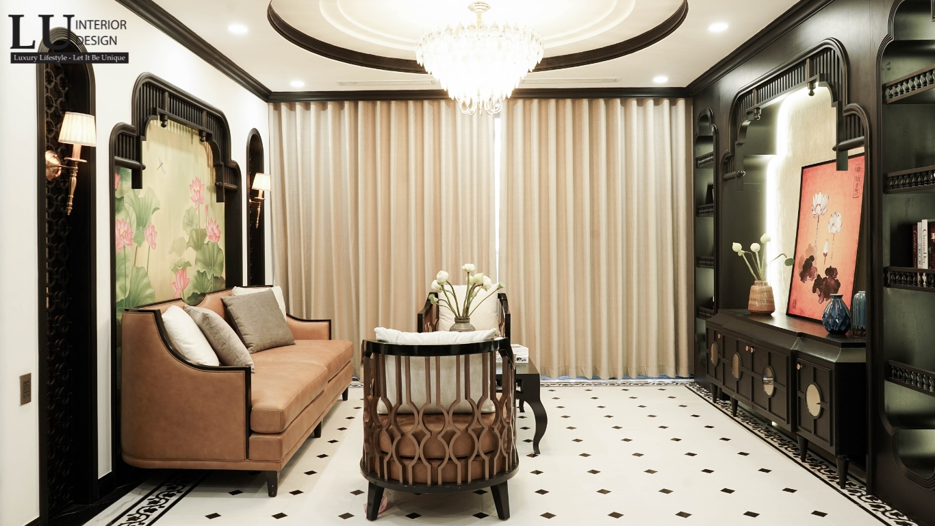 Phòng khách sang trọng theo phong cách Indochine tại Căn hộ RiverPark Premier