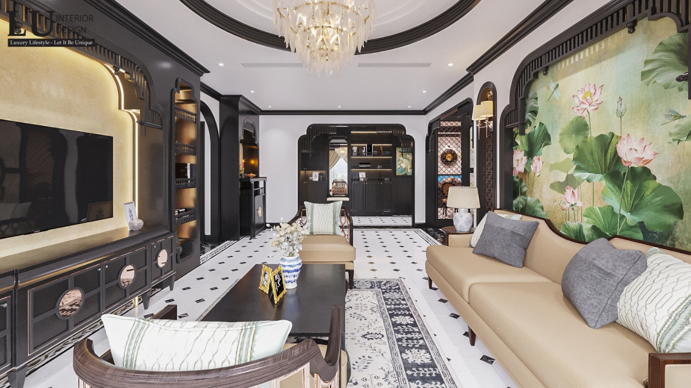 Thiết kế 3D phòng khách phong cách Indochine, với ánh sáng dịu nhẹ, nội thất gỗ tối màu, tranh nghệ thuật và ghế sofa sang trọng
