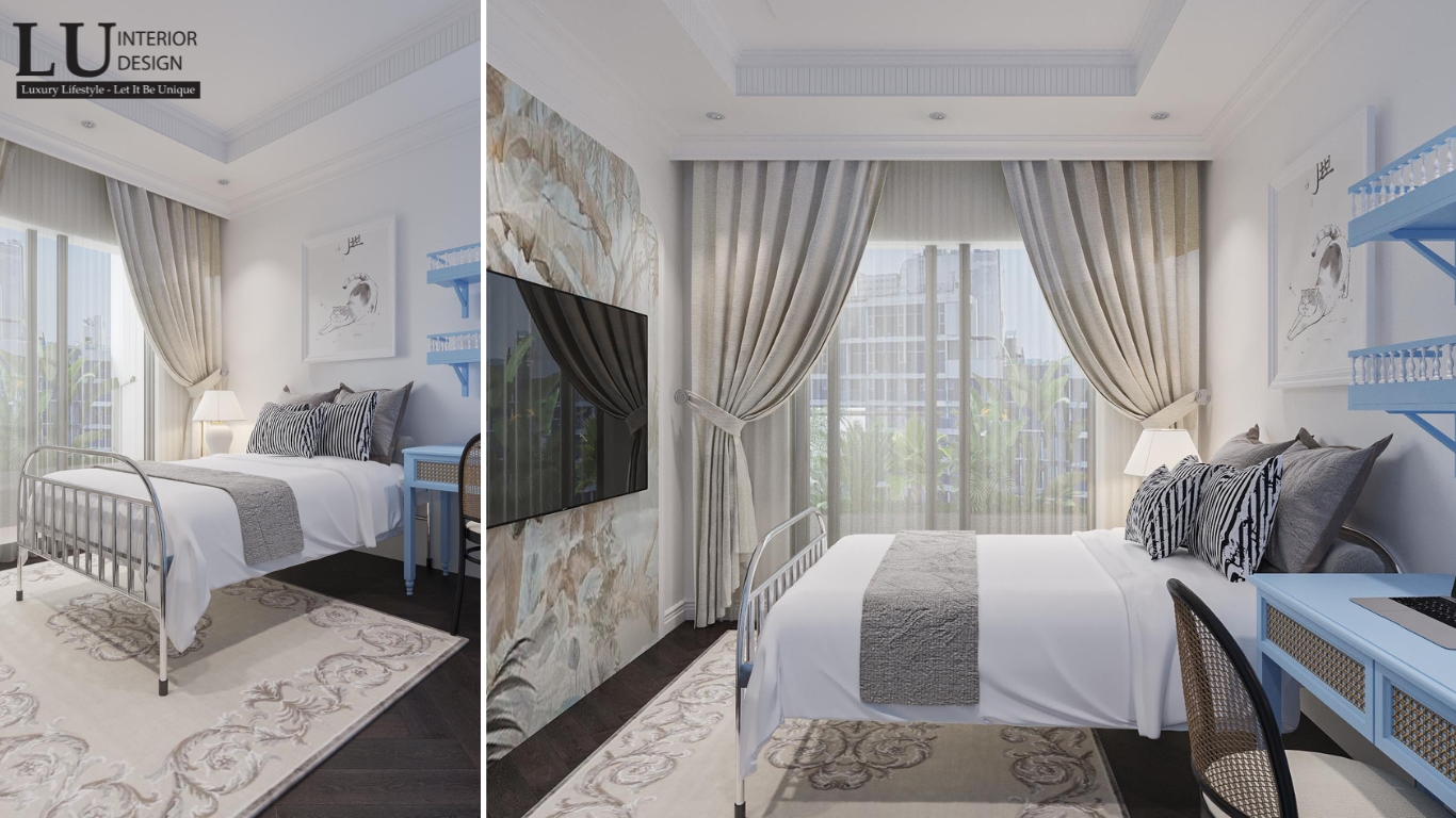 Thiết kế phòng ngủ con trai phong cách Indochine tại RiverPark Premier, với họa tiết thảm trải sàn và cửa sổ lớn