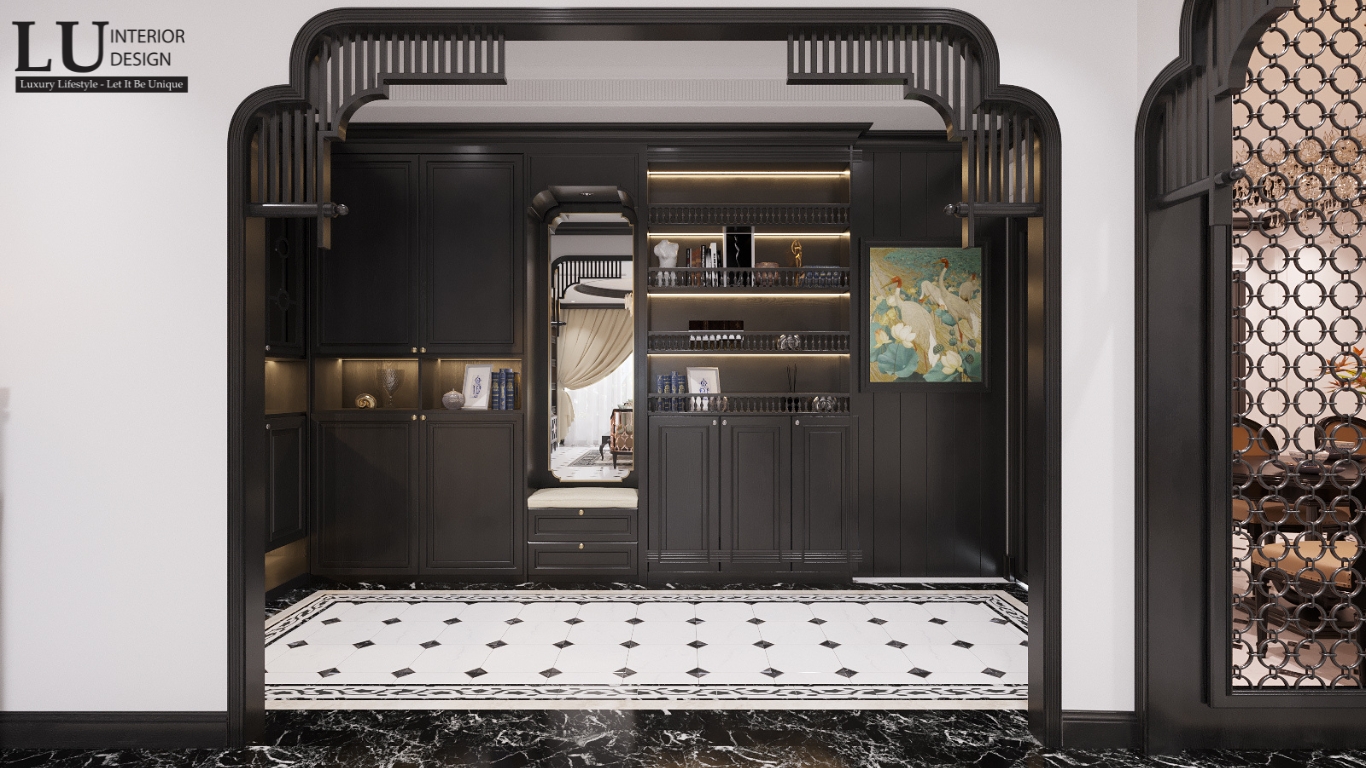 Thiết kế 3D tủ kệ và chi tiết đường nét kiến trúc trong phong cách Indochine