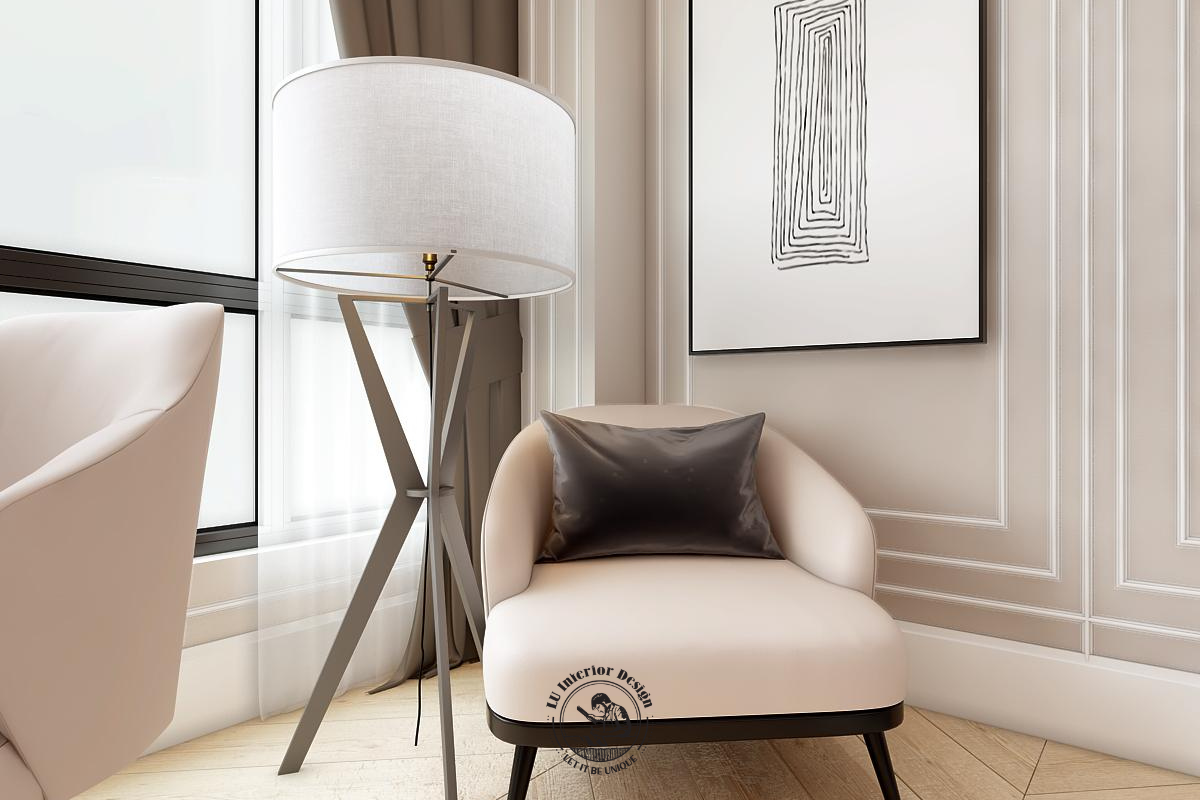 Góc thư giãn yên tĩnh bên cửa sổ với ghế sofa đơn bọc nệm và đèn sàn trang trí hiện đại