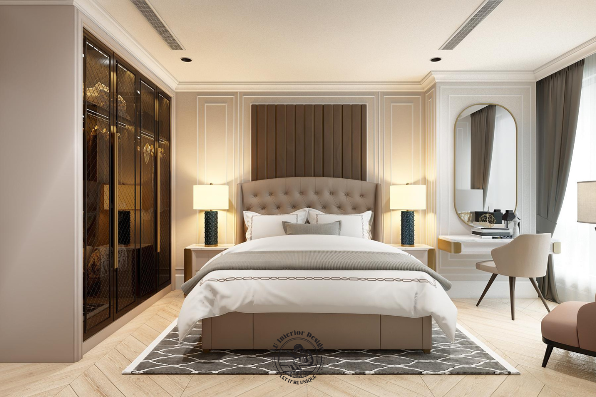 Thiết kế phòng ngủ tối ưu diện tích với hệ tủ quần áo cánh kính sang trọng, kết hợp bàn trang điểm treo tường phẳng tiện nghi bên cạnh cửa sổ