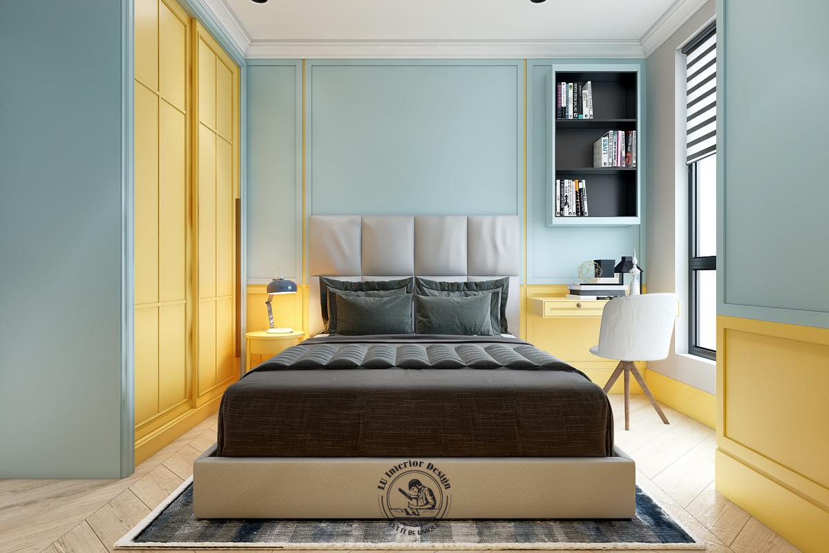 Phối màu xanh pastel và vàng năng động, kết hợp tủ quần áo âm tường cùng góc làm việc nhỏ gọn, tiện nghi