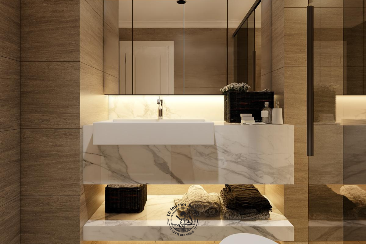 Bàn đá lavabo treo vân mây hiện đại tích hợp hộc gương soi lớn và hệ đèn led hắt sáng ấm áp, mang lại sự tiện nghi khi sử dụng