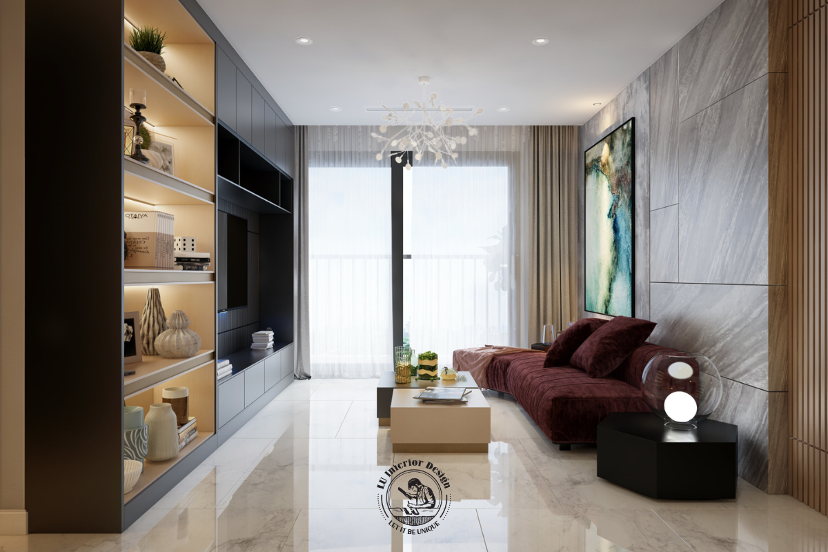Hệ tủ kệ tivi kịch trần tích hợp đèn led trưng bày tiện nghi, tối ưu luồng di chuyển thông thoáng hướng ra ban công đón sáng