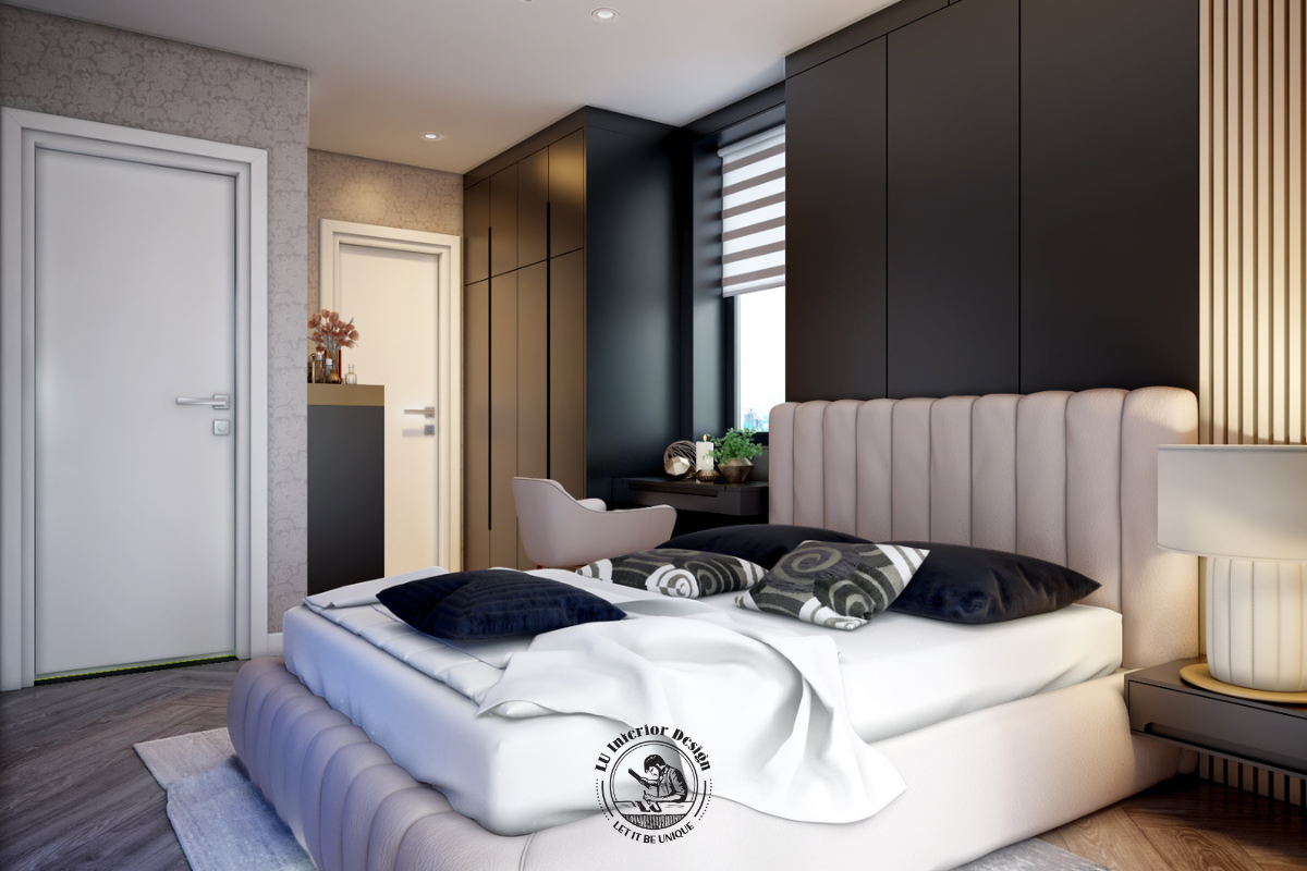 Bố trí góc trang điểm nhỏ gọn cạnh cửa sổ và hệ tủ quần áo kịch trần cánh phẳng giúp tối ưu hóa diện tích sàn sử dụng