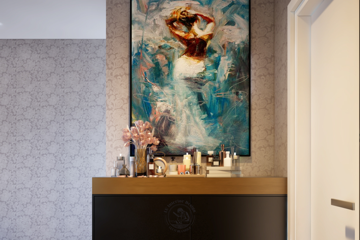 Hệ tủ console lưu trữ trang trí phối mặt gỗ sáng màu, tạo điểm nhấn nghệ thuật sinh động cho lối đi vào phòng.