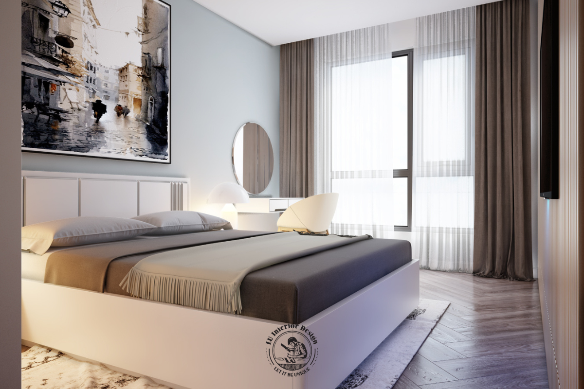 Căn phòng luôn thông thoáng nhờ hệ cửa sổ lớn đón ánh sáng tự nhiên, kết hợp rèm cửa hai lớp tăng tính tiện nghi khi sử dụng
