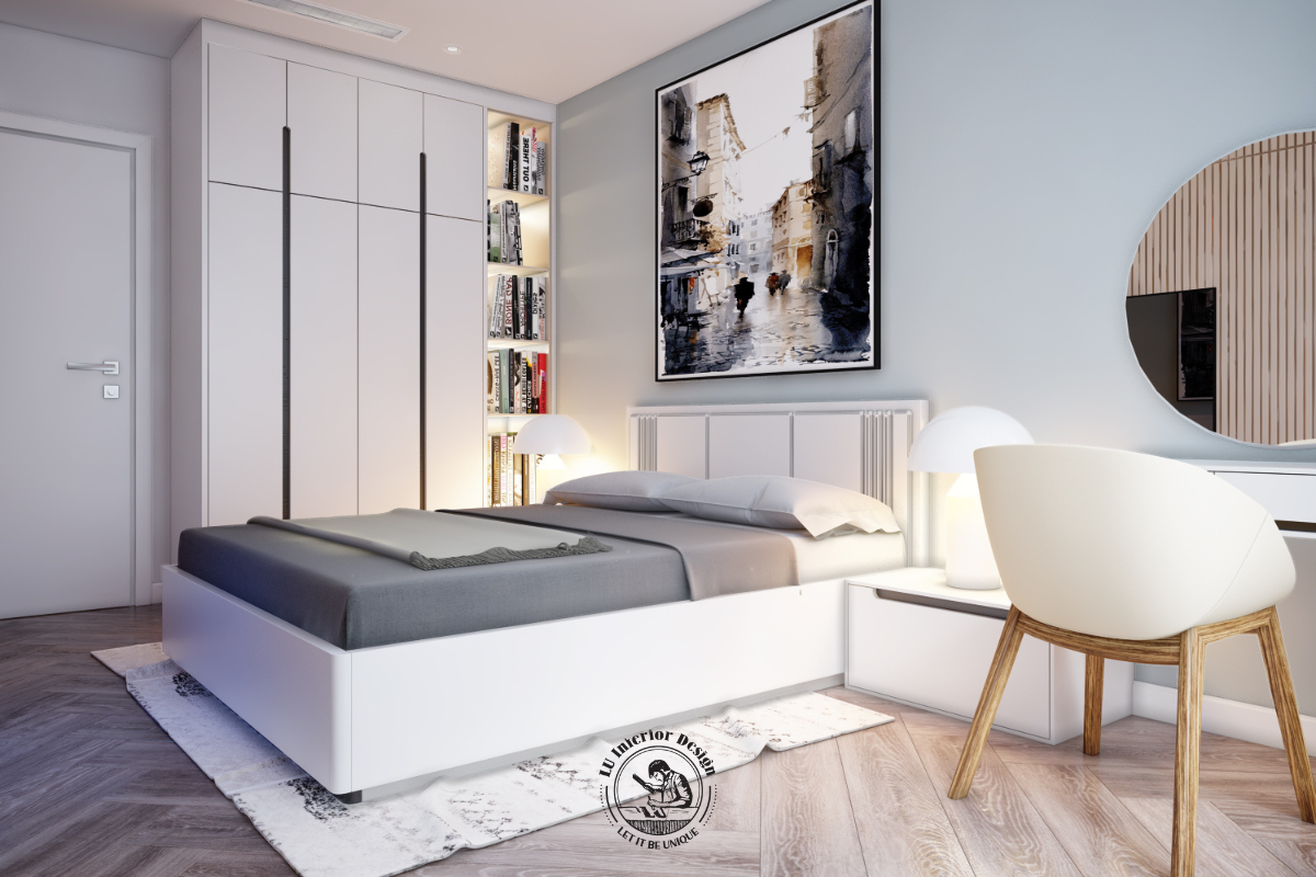 Hệ tủ quần áo kịch trần cánh phẳng may đo chuẩn xác tích hợp kệ sách mở tiện lợi, giúp tối ưu hóa không gian lưu trữ và giải phóng diện tích sàn di chuyển