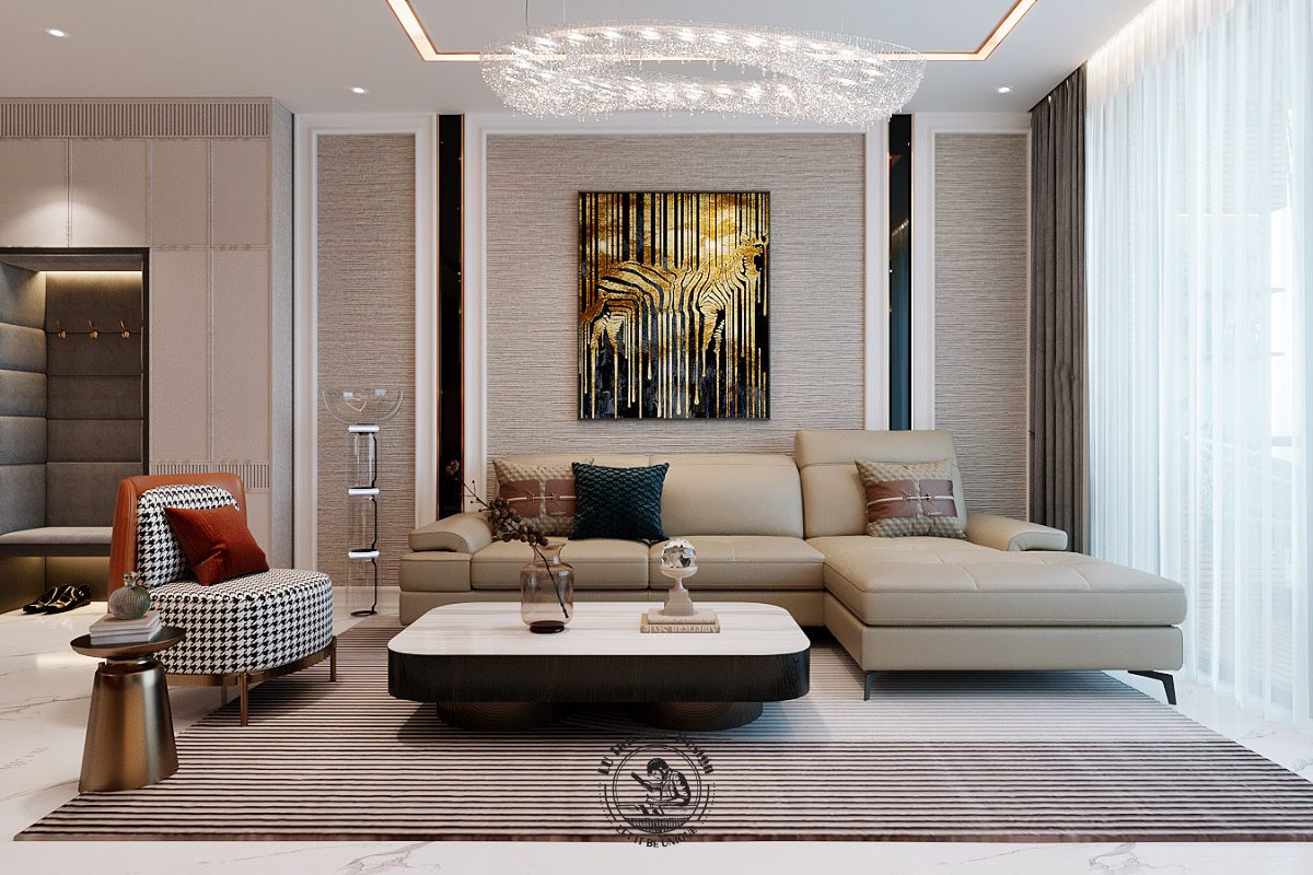 Nổi bật với bộ sofa da màu be sang trọng kết hợp cùng ghế bọc họa tiết caro và đèn chùm pha lê lộng lẫy, phòng khách toát lên vẻ đẹp hiện đại và đẳng cấp.
