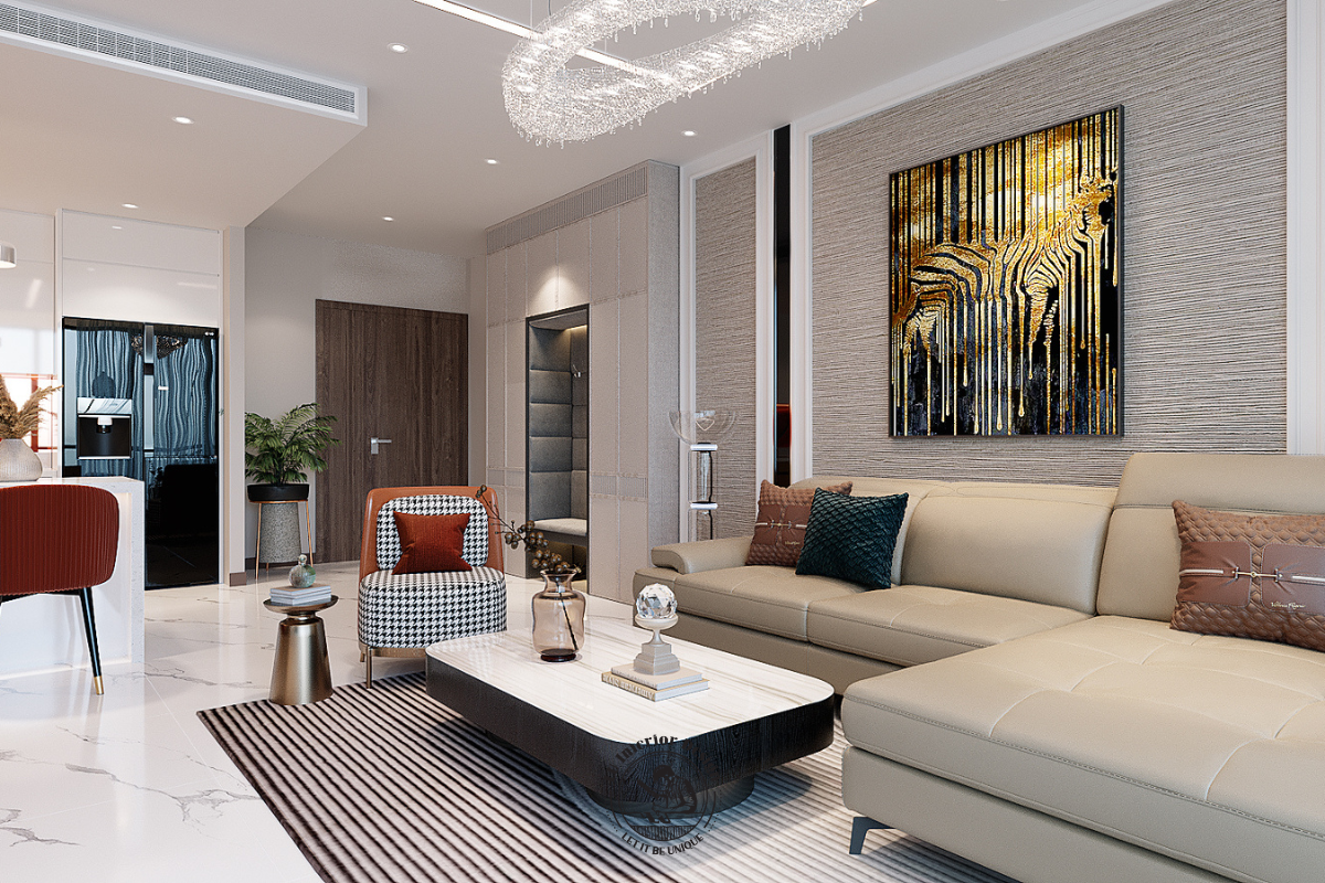 Thiết kế không gian mở liền kề giúp phòng khách kết nối hài hòa với khu vực bếp và bàn ăn, tạo nên sự thuận tiện trong sinh hoạt gia đình.