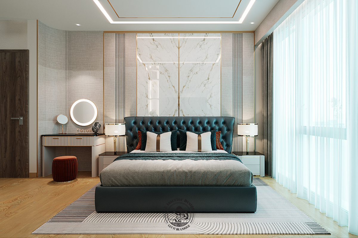 Phòng ngủ master mang phong cách hiện đại với giường ngủ bọc da sang trọng cùng vách ốp đá marble phía sau tạo điểm nhấn đẳng cấp