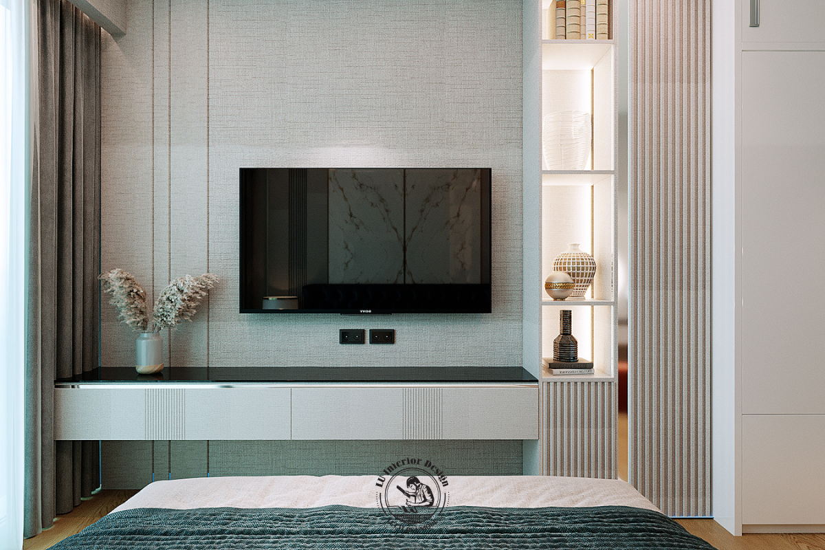 Hệ kệ tivi treo tường kết hợp tủ trang trí thông minh giúp tối ưu hóa không gian lưu trữ và đảm bảo tính thẩm mỹ gọn gàng