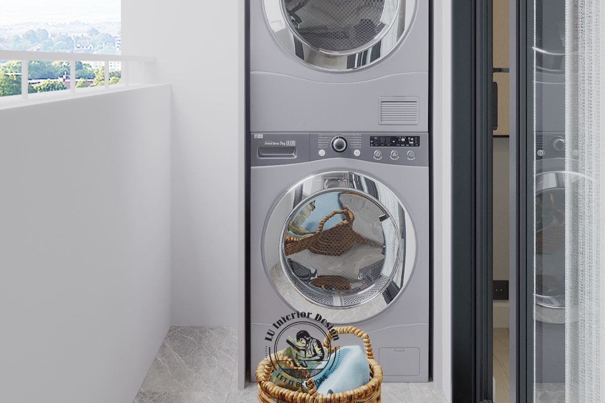 Khu vực máy giặt sấy chồng tầng tại lô gia căn hộ Thảo Điền 123m² Modern