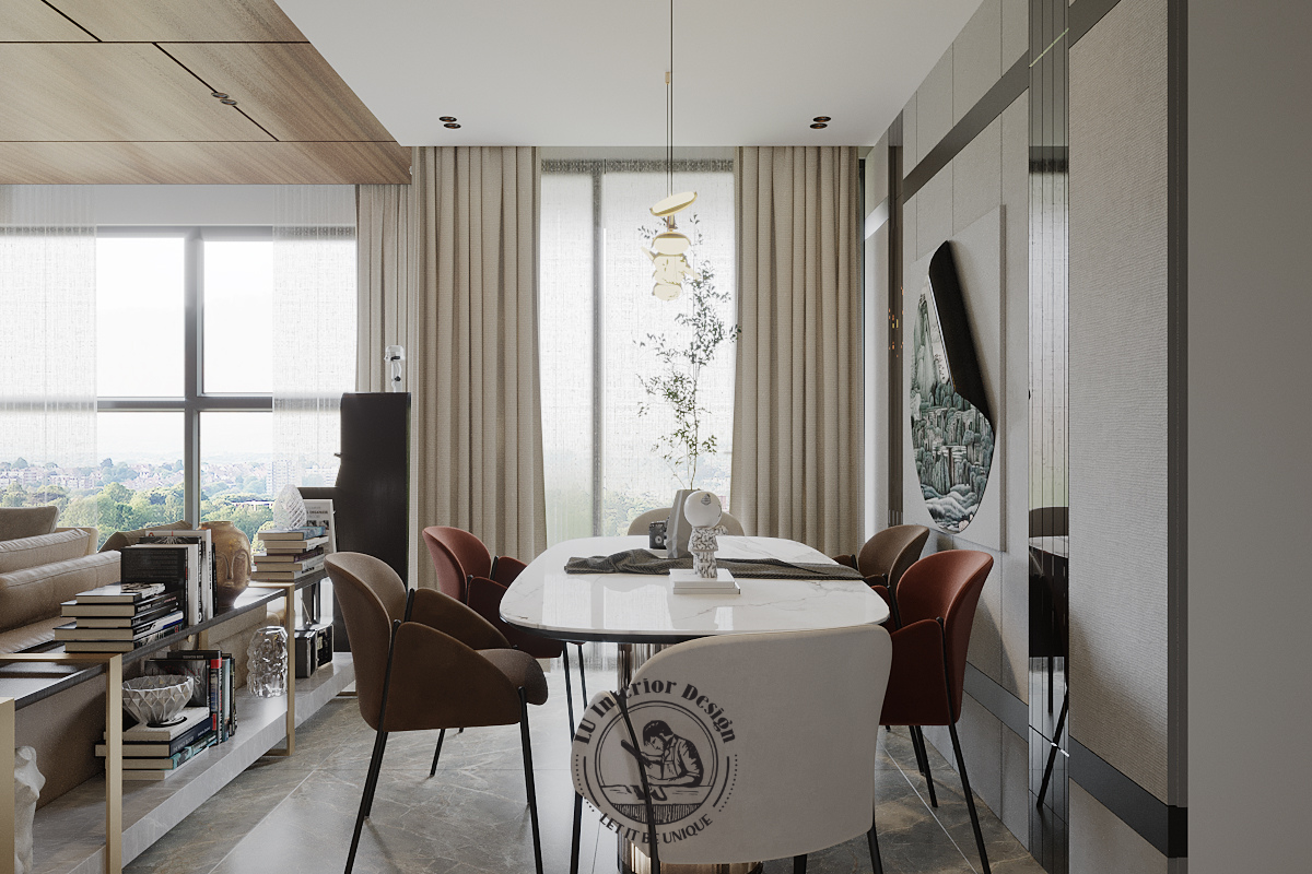 Khu vực bàn ăn được bố trí liền kề phòng khách giúp tối ưu hóa mặt bằng sinh hoạt chung