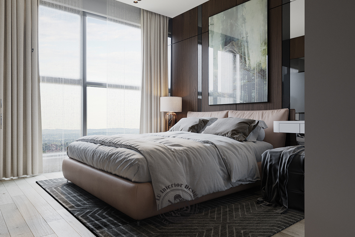 Không gian giường ngủ chính bên trong căn hộ Thảo Điền 123m² Modern