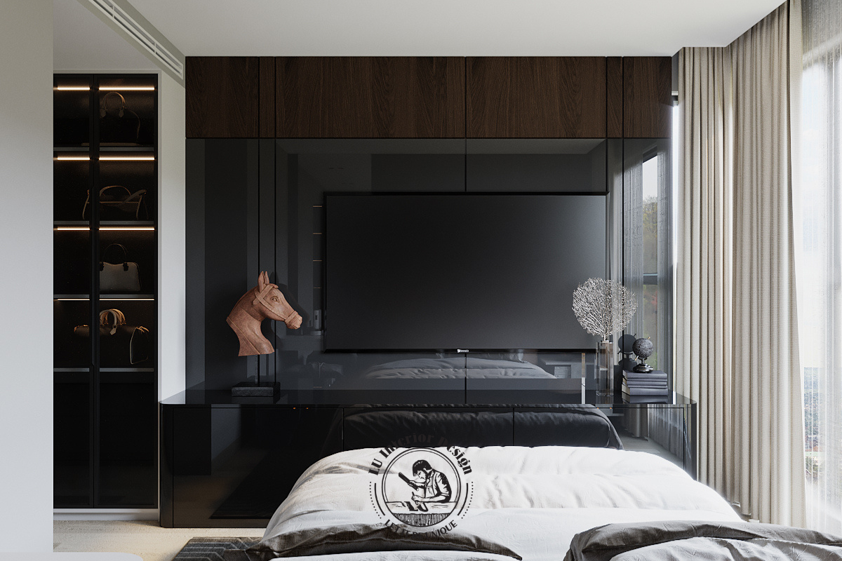 Thiết kế hệ vách tivi bằng gỗ tại phòng ngủ Master căn hộ Thảo Điền 123m² Modern