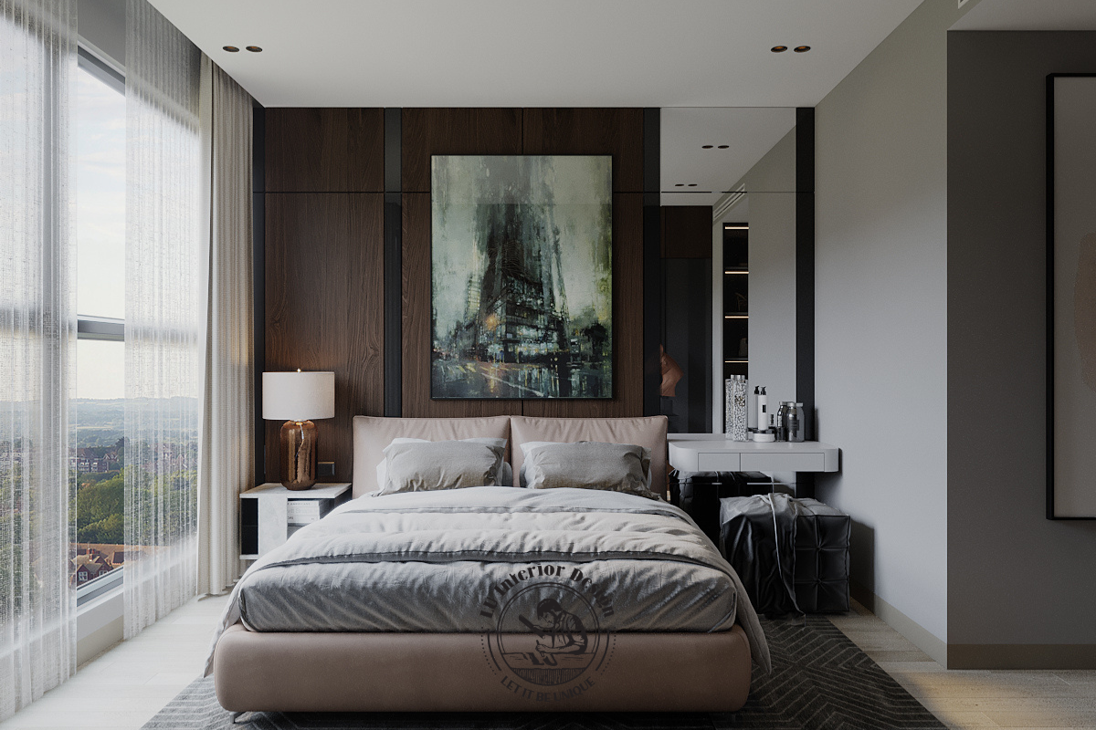 Bố trí giường ngủ trung tâm hướng ra hệ cửa kính lớn để đón ánh sáng tự nhiên cho phòng ngủ Master 