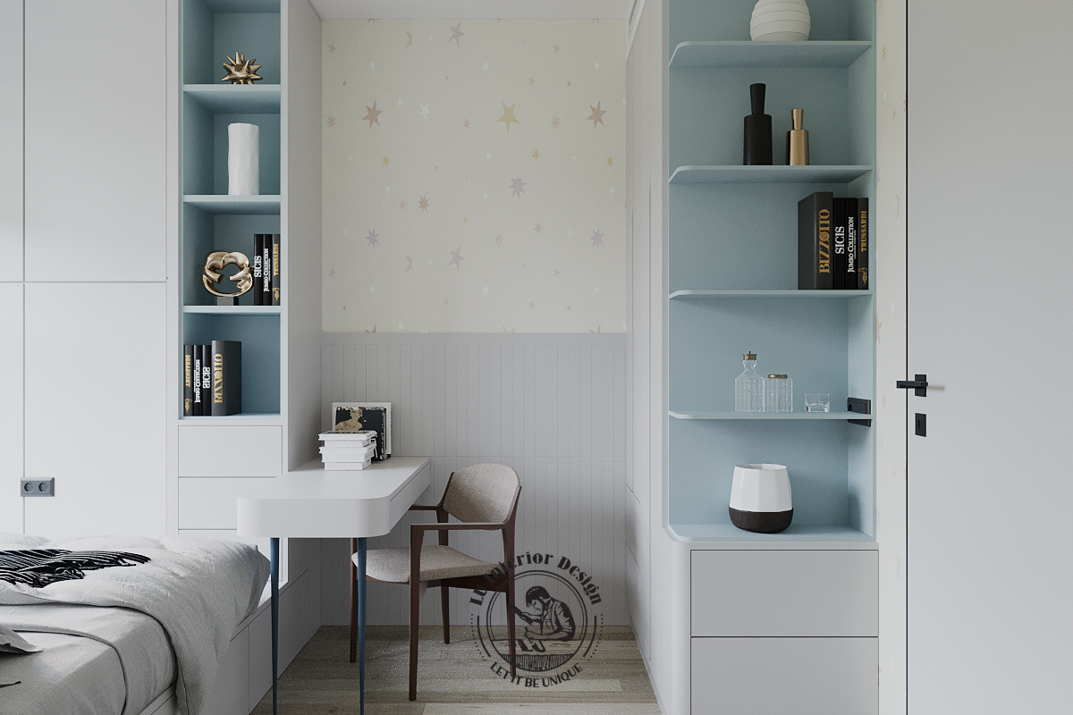 Cách bố trí bàn học kết hợp kệ trang trí phòng ngủ nhỏ căn hộ Thảo Điền 123m² Modern 