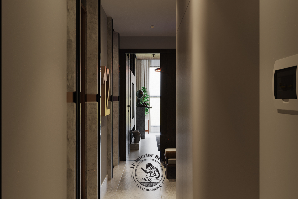 Hành lang kết nối sảnh đón và phòng khách căn hộ Thảo Điền 123m² Modern
